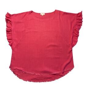 Umgee Pink Top/ Linen, Short Ruffle Sleeve, Boxy Lagenlook, Beachy Boho Hem/ Lg